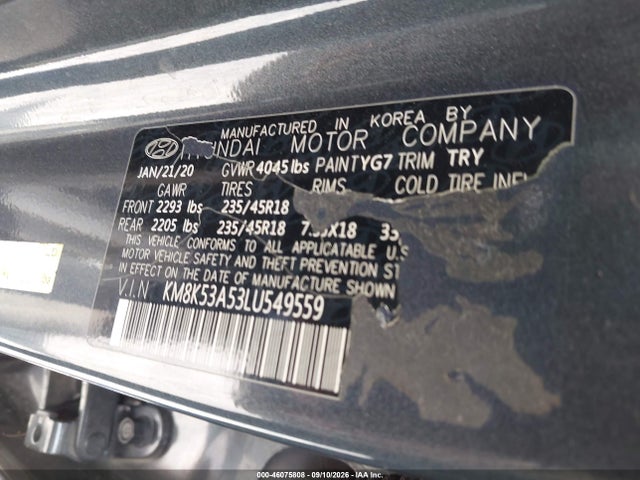 46075808 :رقم المزاد ، KM8K53A53LU549559 vin ، 2020 Hyundai Kona Ultimate مزاد بيع