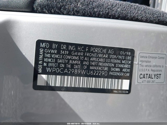 Aukcja sprzedaży 1998 Porsche Boxster, vin: WP0CA2989WU622290, numer aukcji: 46075819