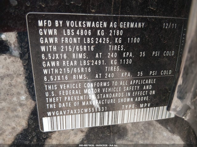 2012 Volkswagen Tiguan Le მანქანა იყიდება აუქციონზე, vin: WVGAV7AX3CW555631, აუქციონის ნომერი: 46075826