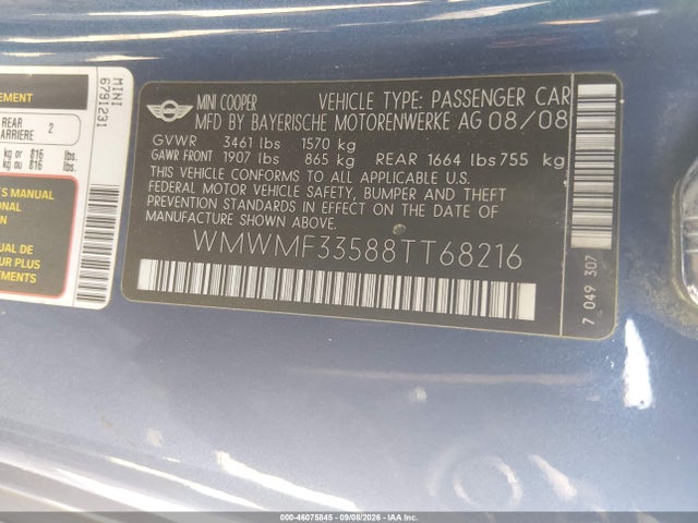 2008 Mini Cooper მანქანა იყიდება აუქციონზე, vin: WMWMF33588TT68216, აუქციონის ნომერი: 46075845