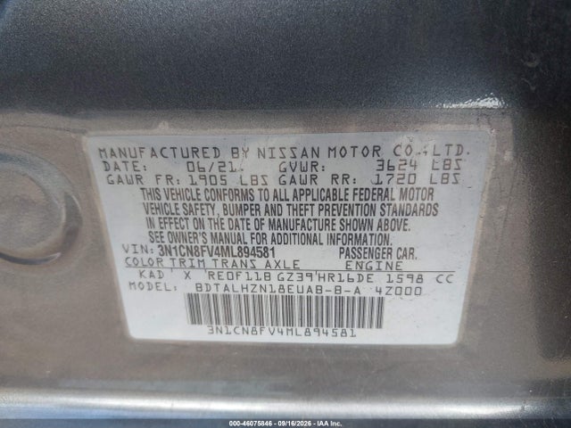 Продаж на аукціоні авто 2021 Nissan Versa Sr Xtronic Cvt, vin: 3N1CN8FV4ML894581, номер лоту: 46075846