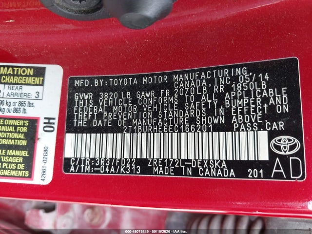 Продажа на аукционе авто 2014 Toyota Corolla S Plus, vin: 2T1BURHE6EC166201, номер лота: 46075849