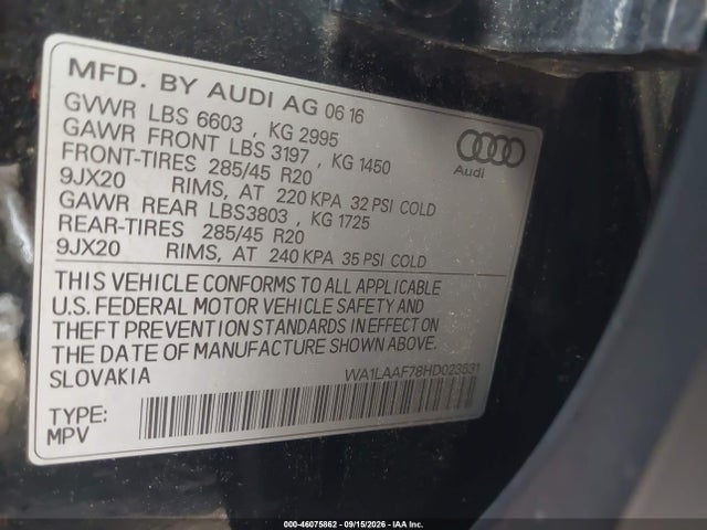 2017 Audi Q7 3.0t Premium მანქანა იყიდება აუქციონზე, vin: WA1LAAF78HD023531, აუქციონის ნომერი: 46075862
