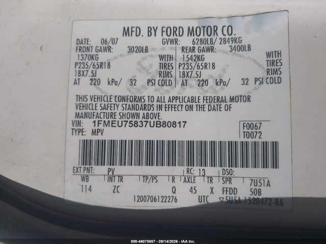 46075867 :رقم المزاد ، 1FMEU75837UB80817 vin ، 2007 Ford Explorer Limited مزاد بيع