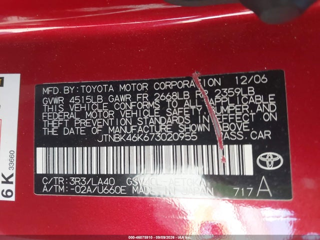 2007 Toyota Camry Xle V6 მანქანა იყიდება აუქციონზე, vin: JTNBK46K673020955, აუქციონის ნომერი: 46075910