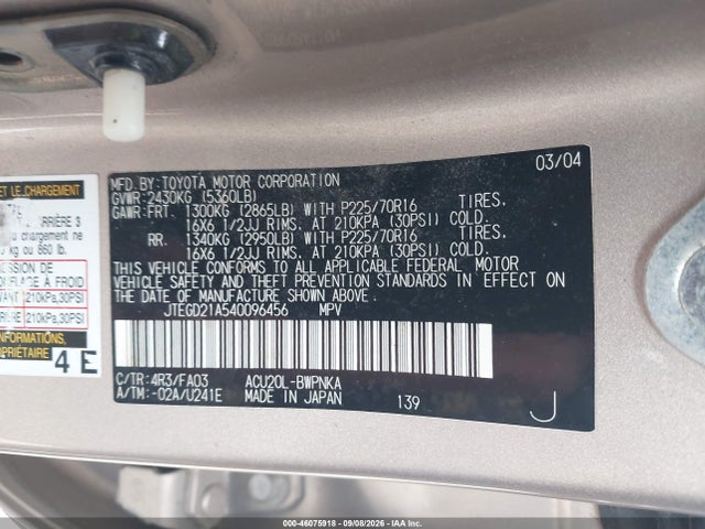 2004 Toyota Highlander მანქანა იყიდება აუქციონზე, vin: JTEGD21A540096456, აუქციონის ნომერი: 46075918