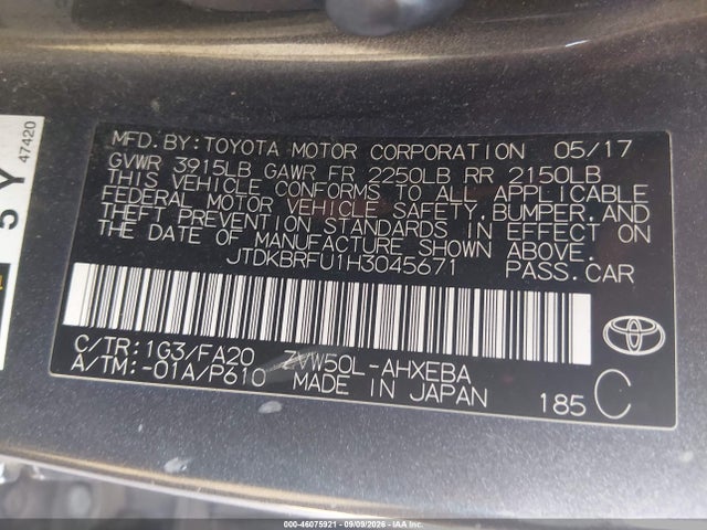 Aukcja sprzedaży 2017 Toyota Prius Two, vin: JTDKBRFU1H3045671, numer aukcji: 46075921