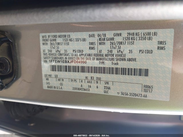 Продаж на аукціоні авто 2018 Ford F-150 Xl, vin: 1FTEW1EBXJFD04990, номер лоту: 46075922