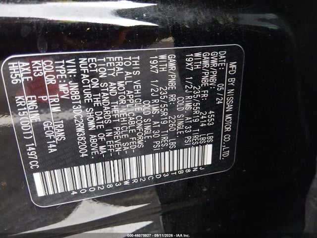 46075927 :رقم المزاد ، JN8BT3DC2RW382004 vin ، 2024 Nissan Rogue Platinum Fwd مزاد بيع