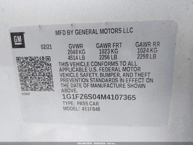 2021 Chevrolet Bolt Ev Fwd Premier მანქანა იყიდება აუქციონზე, vin: 1G1FZ6S04M4107365, აუქციონის ნომერი: 46075935