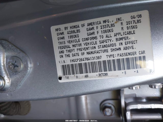 Продаж на аукціоні авто 2008 Honda Accord 2.4 Lx-p, vin: 1HGCP26478A131397, номер лоту: 46075937