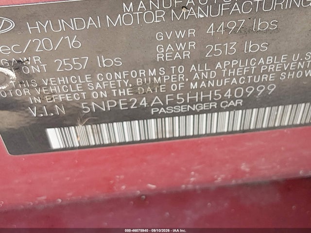 2017 Hyundai Sonata Se მანქანა იყიდება აუქციონზე, vin: 5NPE24AF5HH540999, აუქციონის ნომერი: 46075940