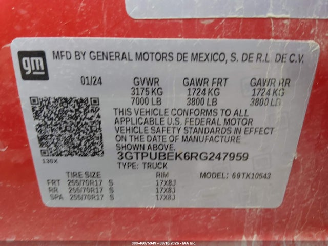 46075949 :رقم المزاد ، 3GTPUBEK6RG247959 vin ، 2024 Gmc Sierra 1500 4wd  Short Box Sle مزاد بيع