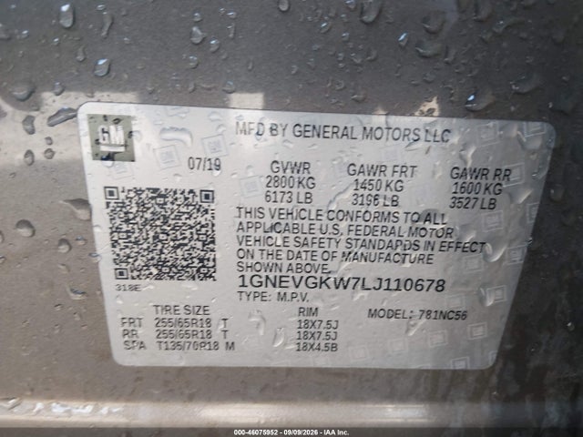 46075952 :رقم المزاد ، 1GNEVGKW7LJ110678 vin ، 2020 Chevrolet Traverse Awd Lt Cloth مزاد بيع