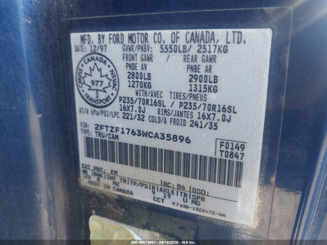 Продаж на аукціоні авто 1998 Ford F-150 Lariat/standard/xl/xlt, vin: 2FTZF1763WCA35896, номер лоту: 46075961