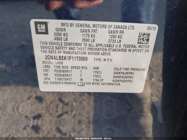 2015 Chevrolet Equinox 1lt მანქანა იყიდება აუქციონზე, vin: 2GNALBEK1F1170969, აუქციონის ნომერი: 46075975