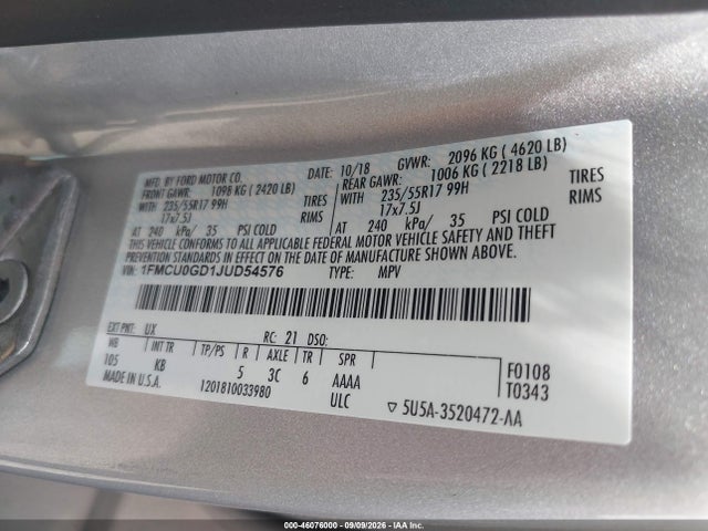 Aukcja sprzedaży 2018 Ford Escape Se, vin: 1FMCU0GD1JUD54576, numer aukcji: 46076000