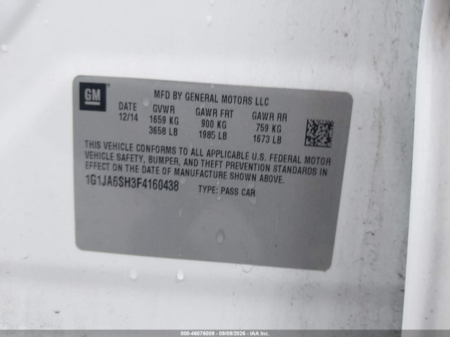 46076009 :رقم المزاد ، 1G1JA6SH3F4160438 vin ، 2015 Chevrolet Sonic Ls Auto مزاد بيع