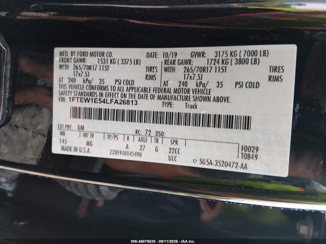 2020 Ford F-150 Xlt მანქანა იყიდება აუქციონზე, vin: 1FTEW1E54LFA26813, აუქციონის ნომერი: 46076020