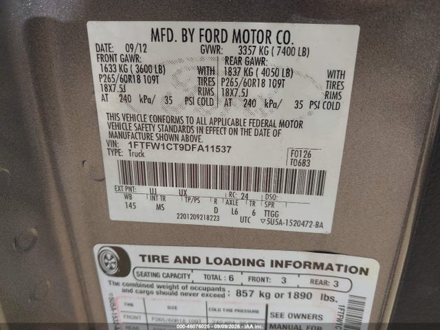Aukcja sprzedaży 2013 Ford F-150 Xlt, vin: 1FTFW1CT9DFA11537, numer aukcji: 46076025