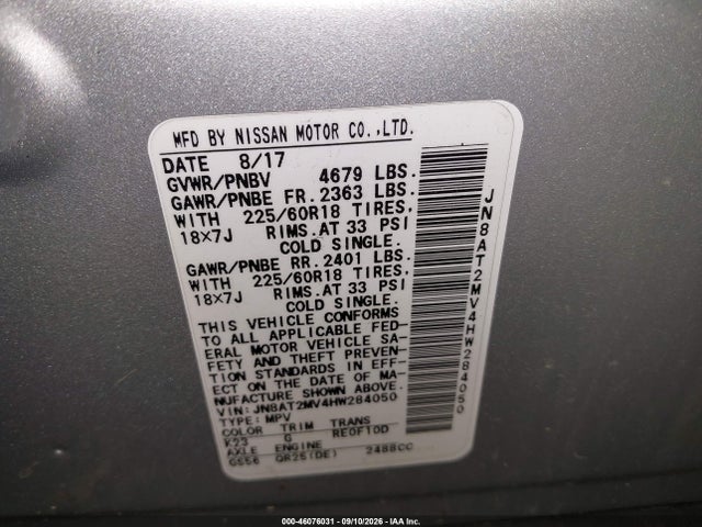 46076031 :رقم المزاد ، JN8AT2MV4HW284050 vin ، 2017 Nissan Rogue Sl مزاد بيع