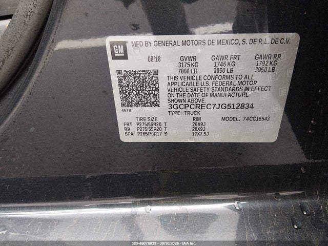 46076033 :رقم المزاد ، 3GCPCREC7JG512834 vin ، 2018 Chevrolet Silverado 1500 1lt مزاد بيع
