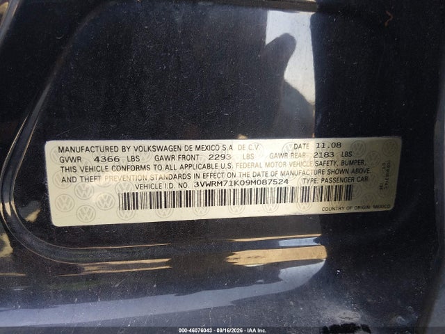 Aukcja sprzedaży 2009 Volkswagen Jetta Se, vin: 3VWRM71K09M087524, numer aukcji: 46076043