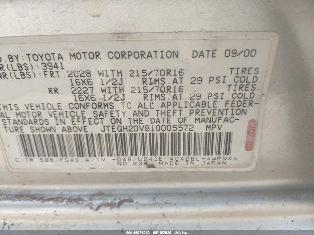 Продаж на аукціоні авто 2001 Toyota Rav4, vin: JTEGH20V810005572, номер лоту: 46076053