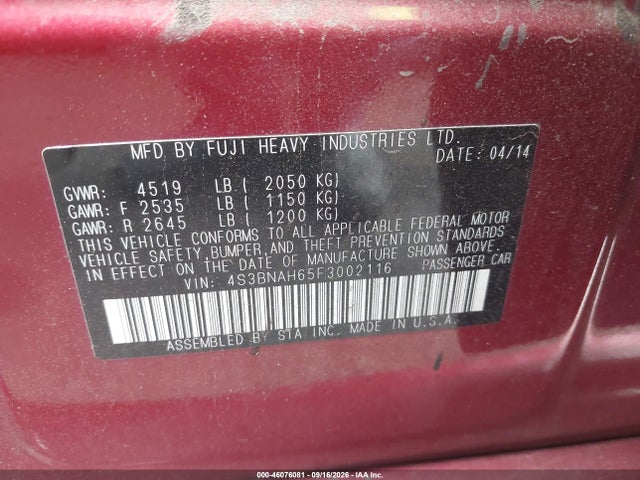 46076081 :رقم المزاد ، 4S3BNAH65F3002116 vin ، 2015 Subaru Legacy 2.5i Premium مزاد بيع