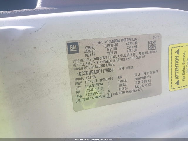 2012 Chevrolet Express 3500 Work Van მანქანა იყიდება აუქციონზე, vin: 1GCZGUBAXC1179050, აუქციონის ნომერი: 46076088