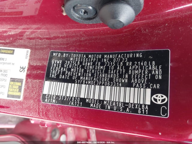 46076090 :رقم المزاد ، 5YFB4MDE3PP063314 vin ، 2023 Toyota Corolla Le مزاد بيع