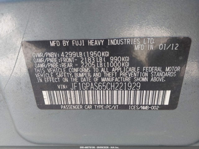 2012 Subaru Impreza 2.0i Sport Limited მანქანა იყიდება აუქციონზე, vin: JF1GPAS65CH221929, აუქციონის ნომერი: 46076106