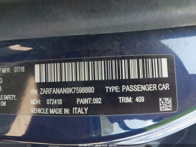 Продажа на аукционе авто 2019 Alfa Romeo Giulia Awd, vin: ZARFANAN9K7598880, номер лота: 46076111