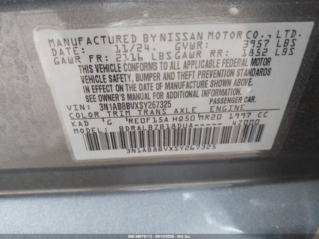 Продажа на аукционе авто 2025 Nissan Sentra S, vin: 3N1AB8BVXSY267325, номер лота: 46076112