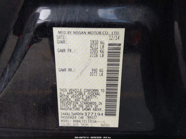 Aukcja sprzedaży 2015 Nissan Altima 2.5 Sl, vin: 1N4AL3AP0FN377194, numer aukcji: 46076114