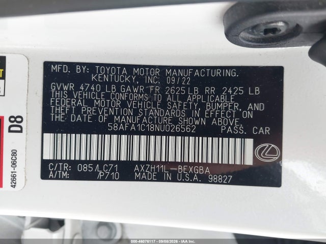 Продажа на аукционе авто 2022 Lexus Es 300h Ultra Luxury, vin: 58AFA1C18NU026562, номер лота: 46076117
