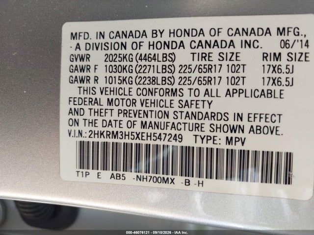 Auction sale of the 2014 Honda Cr-v Ex, vin: 2HKRM3H5XEH547249, lot number: 46076121