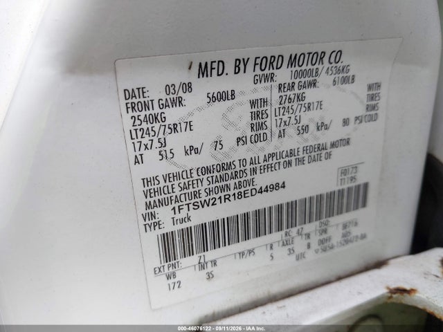 Aukcja sprzedaży 2008 Ford F-250 Fx4/harley-davidson/king Ranch/lariat/xl/xlt, vin: 1FTSW21R18ED44984, numer aukcji: 46076122