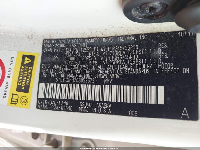 46076124 :رقم المزاد ، 5TDYK3EH7CS058573 vin ، 2012 Toyota Highlander Limited V6 مزاد بيع