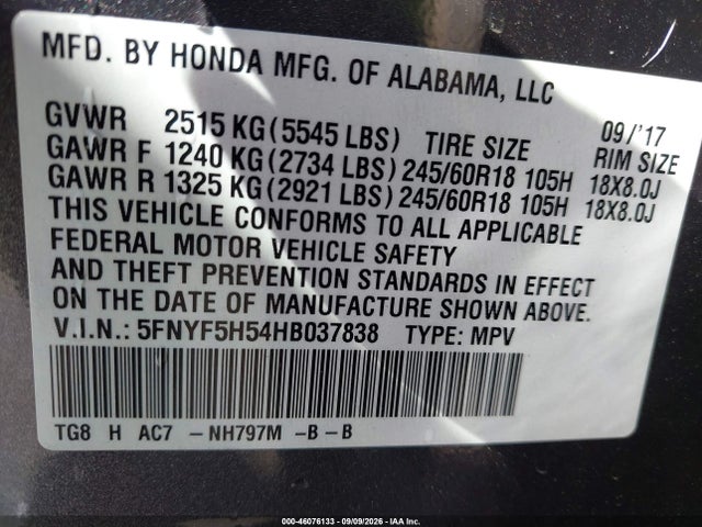 Продажа на аукционе авто 2017 Honda Pilot Ex-l, vin: 5FNYF5H54HB037838, номер лота: 46076133