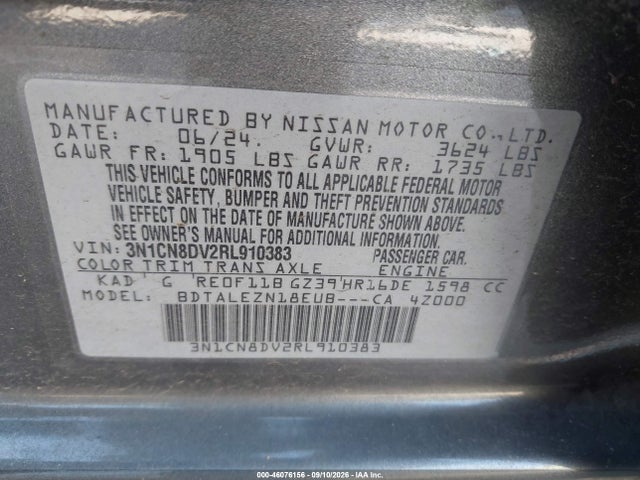46076156 :رقم المزاد ، 3N1CN8DV2RL910383 vin ، 2024 Nissan Versa 1.6 S مزاد بيع