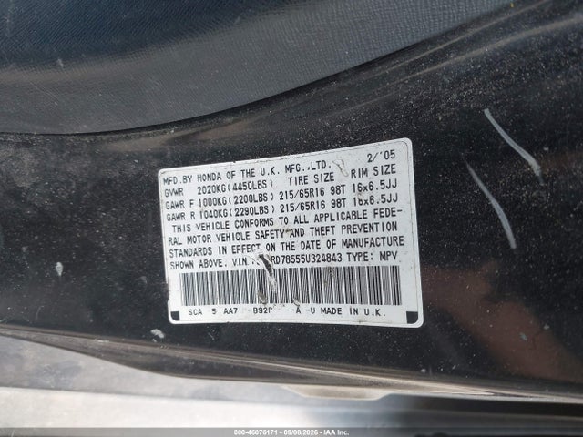 2005 Honda Cr-v Lx მანქანა იყიდება აუქციონზე, vin: SHSRD78555U324843, აუქციონის ნომერი: 46076171