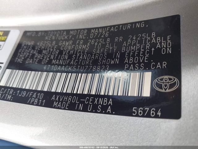 Aukcja sprzedaży 2026 Toyota Camry Le, vin: 4T1DAACK5TU778823, numer aukcji: 46076182