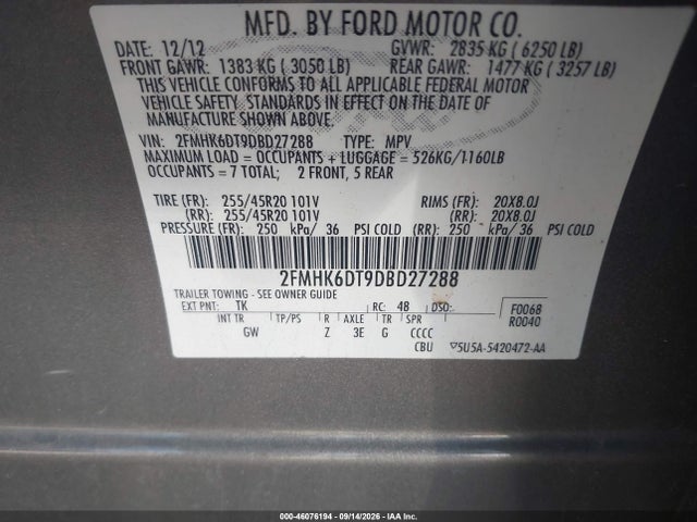 Продаж на аукціоні авто 2013 Ford Flex Limited, vin: 2FMHK6DT9DBD27288, номер лоту: 46076194