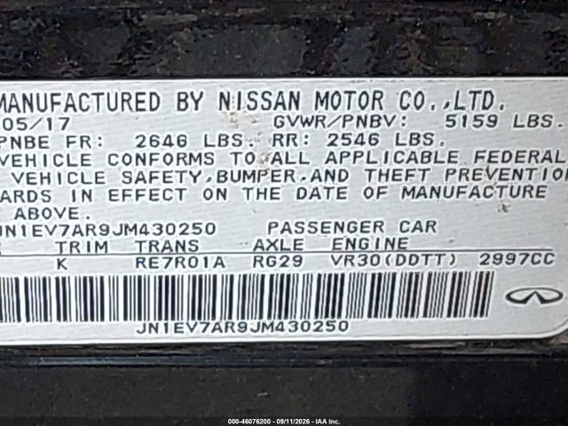 2018 Infiniti Q50 3.0t Luxe მანქანა იყიდება აუქციონზე, vin: JN1EV7AR9JM430250, აუქციონის ნომერი: 46076200