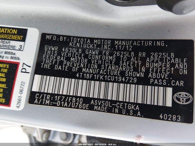Продаж на аукціоні авто 2012 Toyota Camry Xle, vin: 4T1BF1FK1CU194729, номер лоту: 46076203
