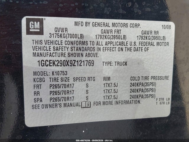46076206 :رقم المزاد ، 1GCEK290X9Z121769 vin ، 2009 Chevrolet Silverado 1500 Lt مزاد بيع