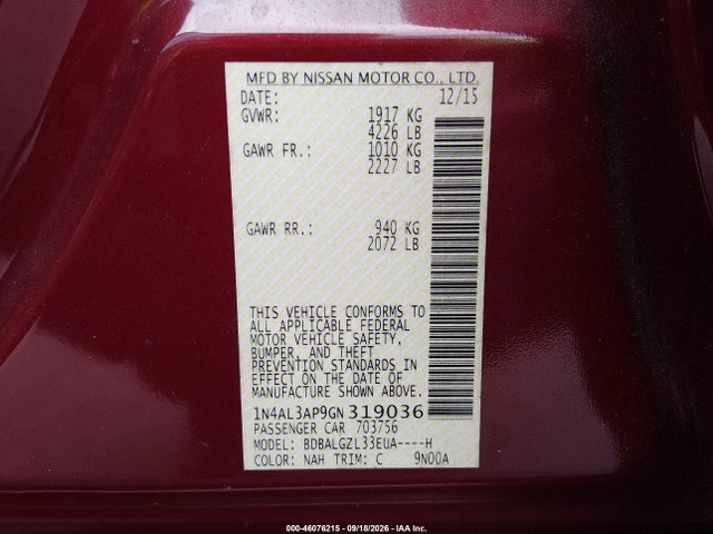2016 Nissan Altima 2.5 S მანქანა იყიდება აუქციონზე, vin: 1N4AL3AP9GN319036, აუქციონის ნომერი: 46076215