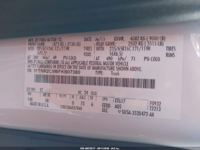 2015 Ford Transit-250 მანქანა იყიდება აუქციონზე, vin: 1FTNR2CM6FKB07380, აუქციონის ნომერი: 46076217