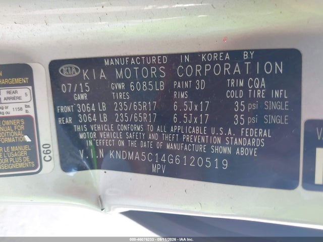 2016 Kia Sedona L მანქანა იყიდება აუქციონზე, vin: KNDMA5C14G6120519, აუქციონის ნომერი: 46076233